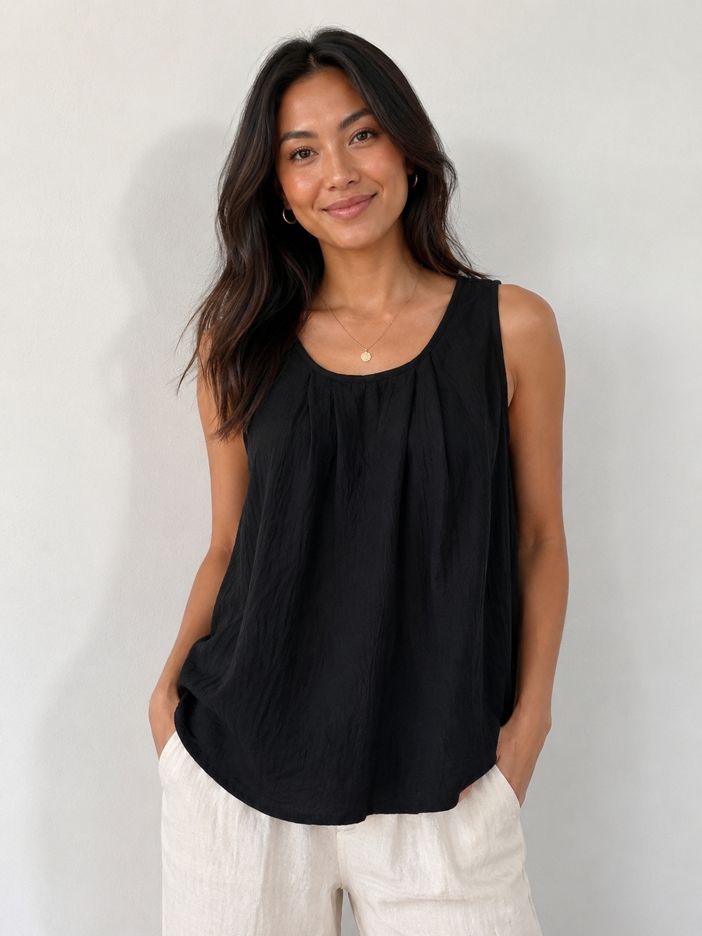Essential Black Pleated Scoop Neck Tank Top